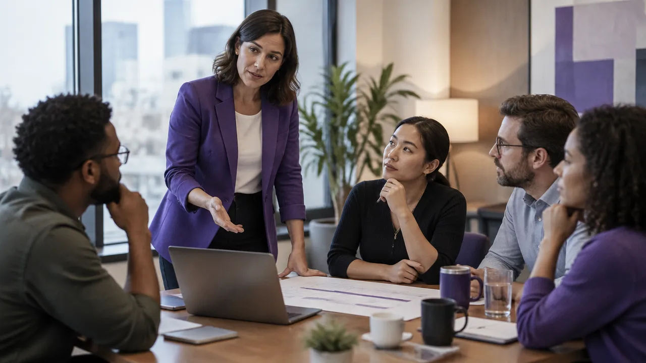 A team leader calmly acknowledges project pressure while colleagues review a shared plan