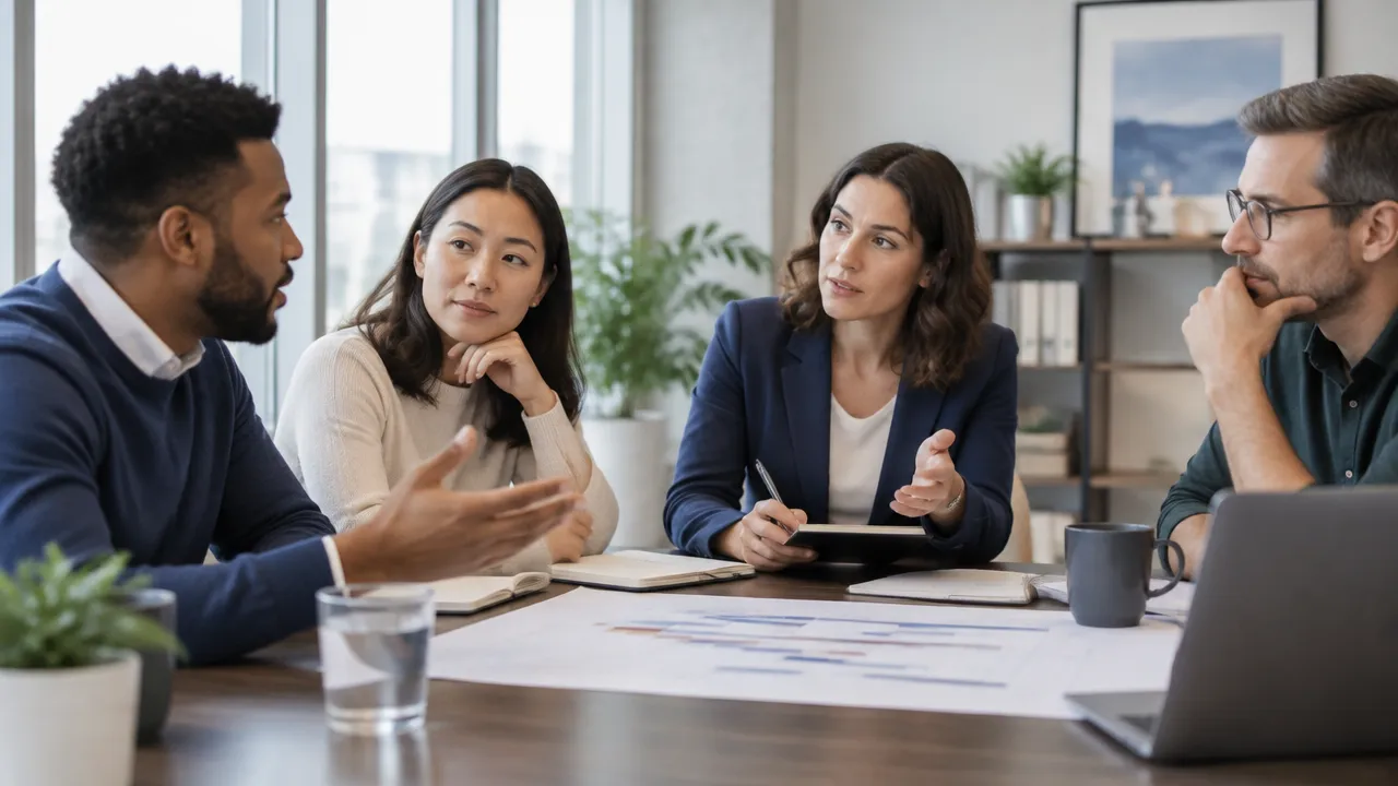 A team leader invites a colleague to raise a concern while teammates listen respectfully around a project plan