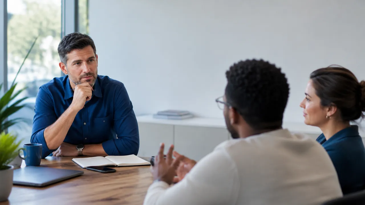 A team leader listening attentively to colleagues during a calm, focused meeting