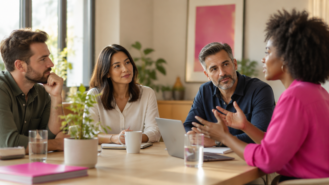 A team leader listens as colleagues discuss workplace change in a calm meeting room