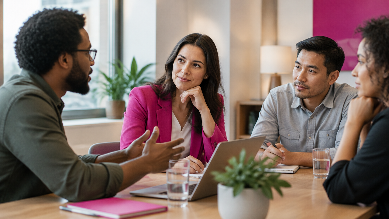 A team leader listens attentively as colleagues from varied backgrounds share perspectives in a meeting