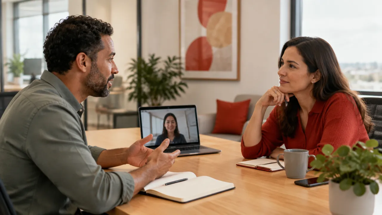 A team leader listens to a colleague during a constructive hybrid conversation about team communication.