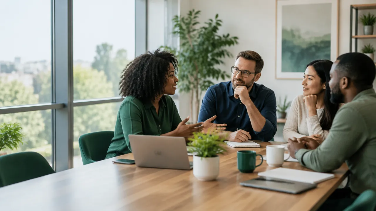 A team leader listens to colleagues at eye level in a collaborative meeting