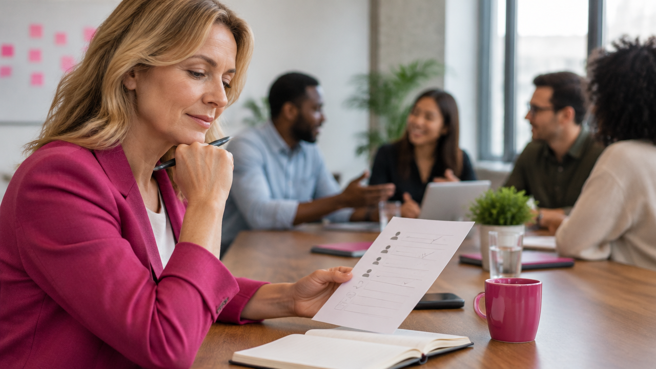 A team leader reviews meeting notes while colleagues collaborate in the background