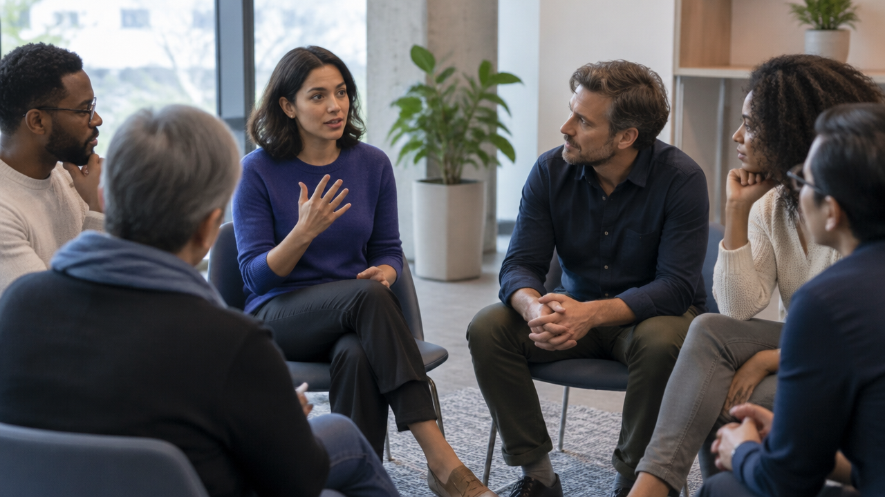 A team listening as one member respectfully offers a different view during a group discussion.