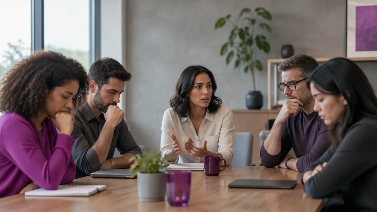 A team meeting in which guarded expressions and hesitant speech suggest shared guilt affecting communication