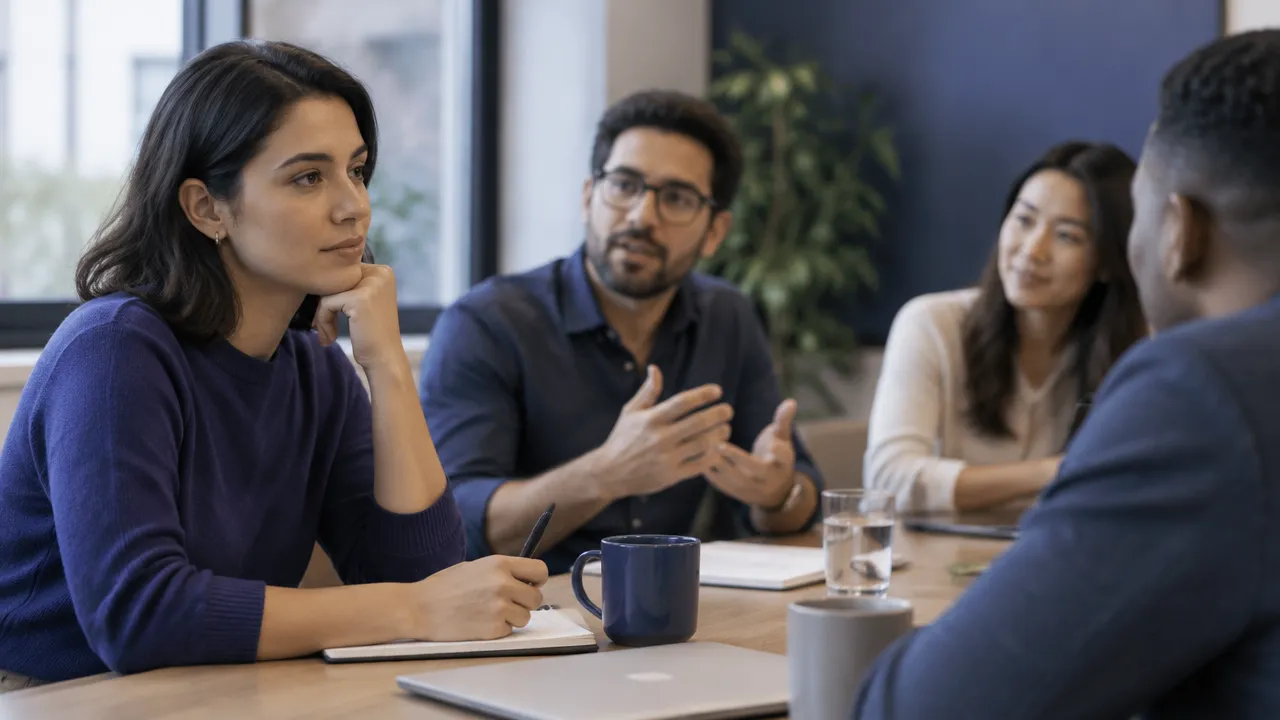 A team meeting where one participant hesitates to voice a disagreement, suggesting pressure to preserve group harmony.