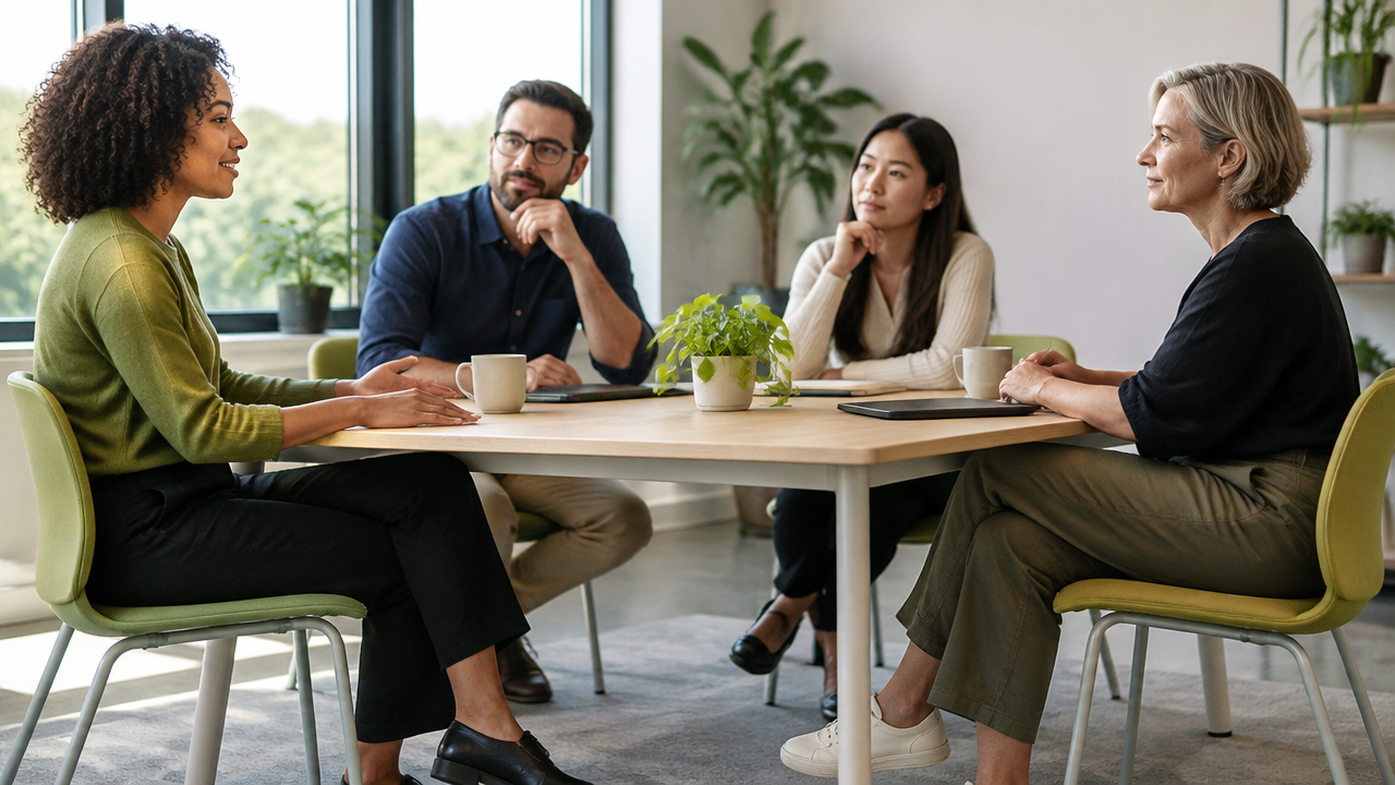 A team member calmly grounding themselves during a thoughtful group decision meeting