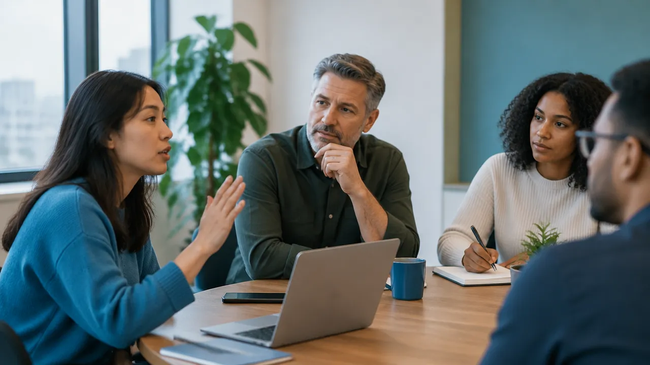 A team member shares a concern while colleagues listen, showing how unwritten workplace norms influence behavior.