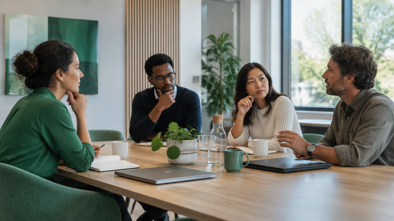 A team pauses to reflect during a workplace meeting while their facilitator listens attentively