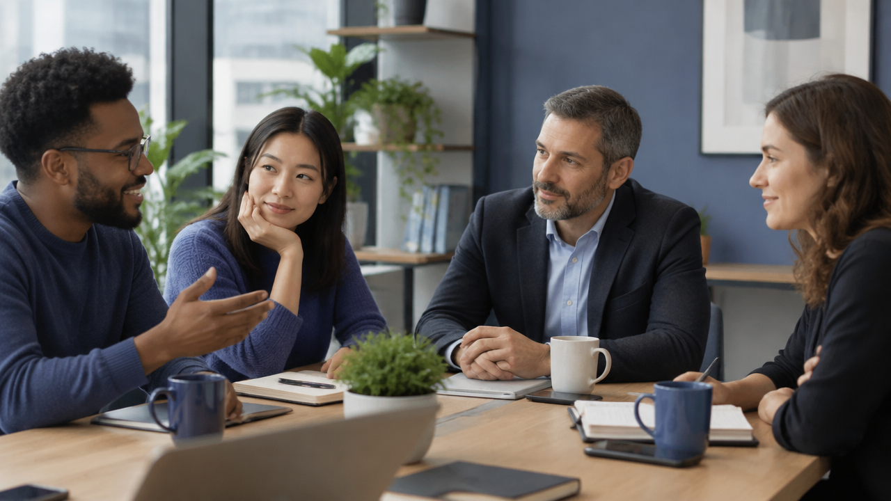 A team responds to a project setback with attentive listening and gentle, inclusive humor.