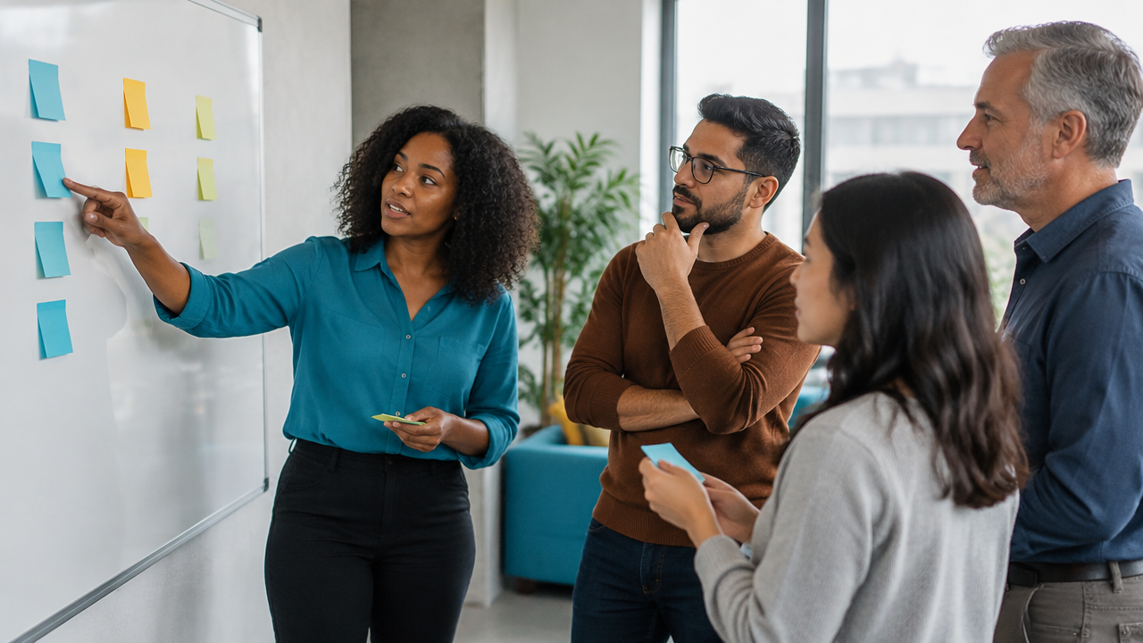 Coworkers reviewing sticky notes together during a reflective team feedback session