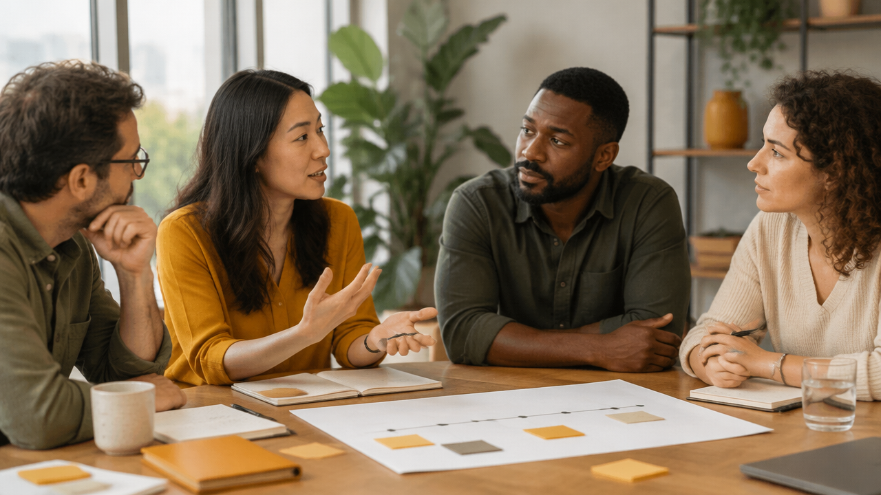 A team reviews a change plan while listening carefully and asking questions