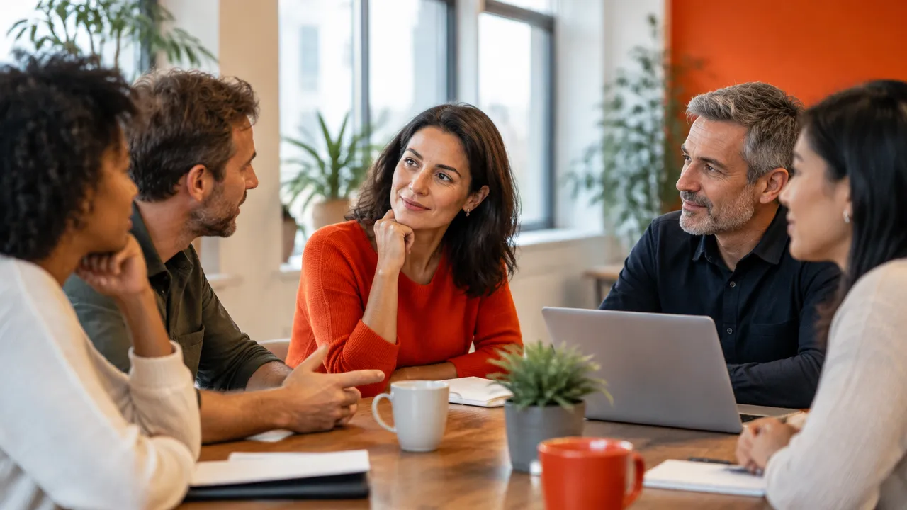 A team shares a focused conversation as a leader listens with calm attention