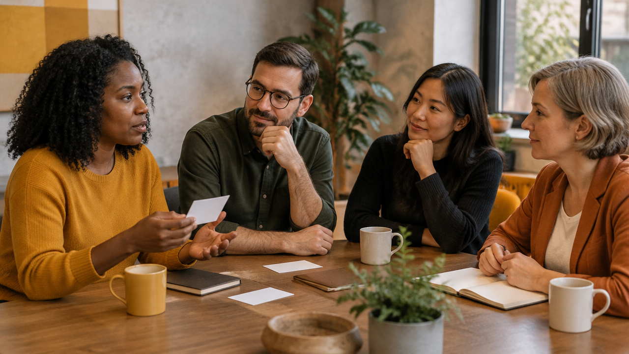 A team uses a calm weekly check-in to discuss commitments and learn from a missed deadline