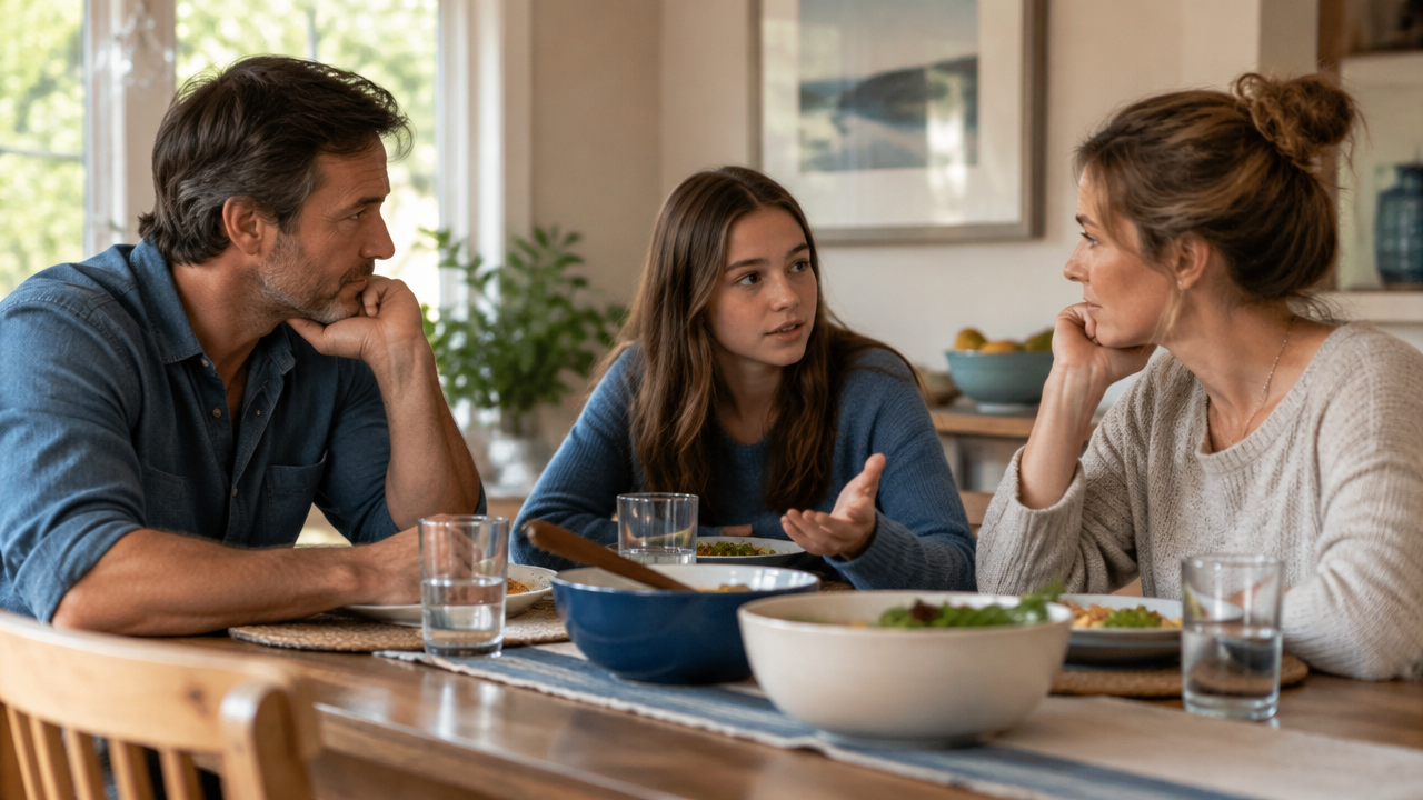 A teenager seated between parents during a quiet family conversation, illustrating blurred emotional roles