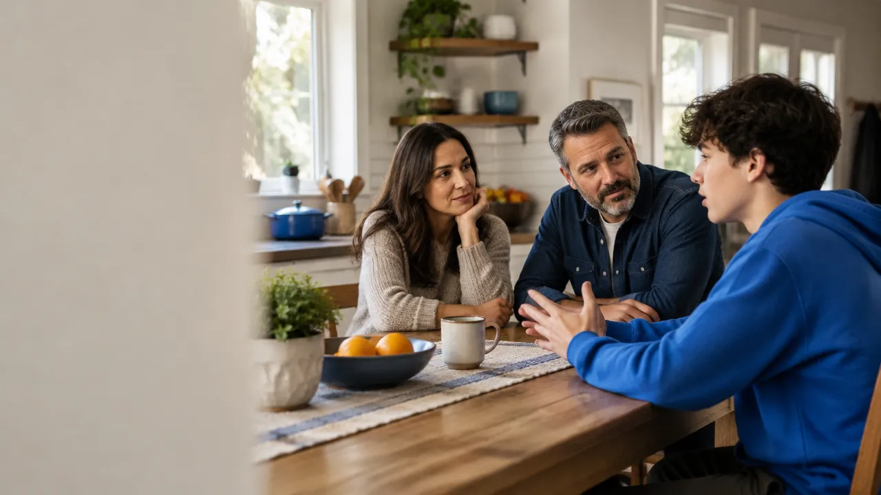 A teenager speaking while two caregivers listen attentively at a kitchen table, showing a family practicing a different interaction pattern