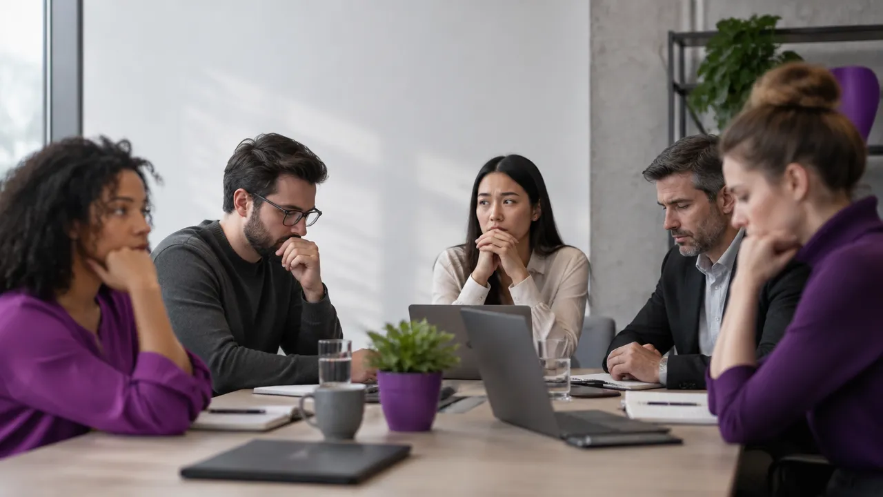 A tense workplace team sits silently in a meeting as one employee hesitates to speak.
