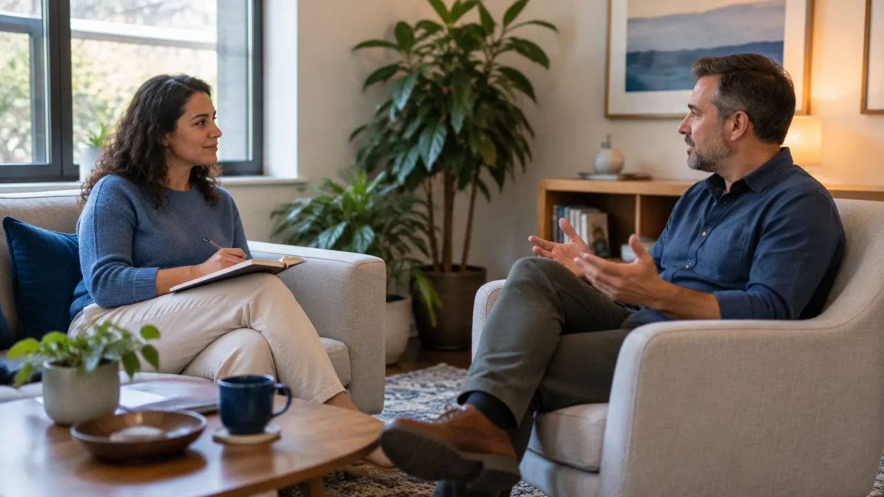 A therapist and client talk in a calm counseling room, illustrating a reflective therapy session.