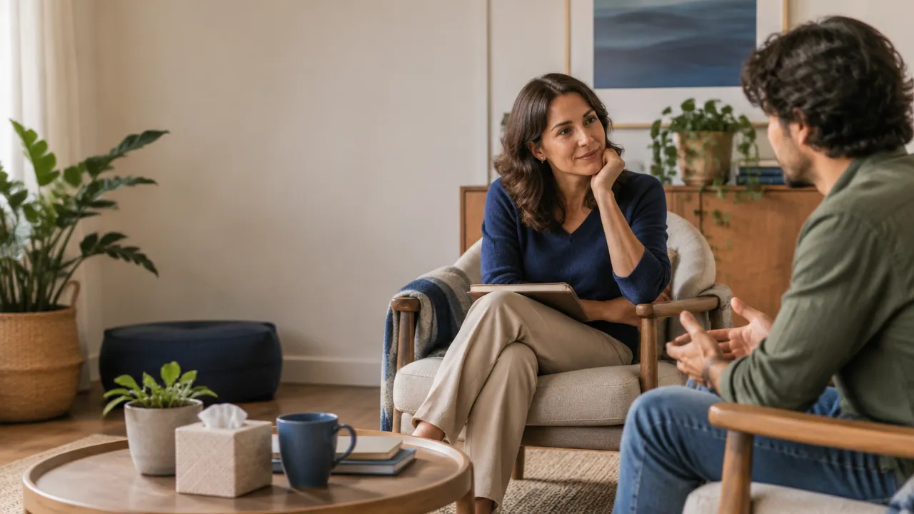 A therapist listens attentively to a client in a person-centered counseling session.