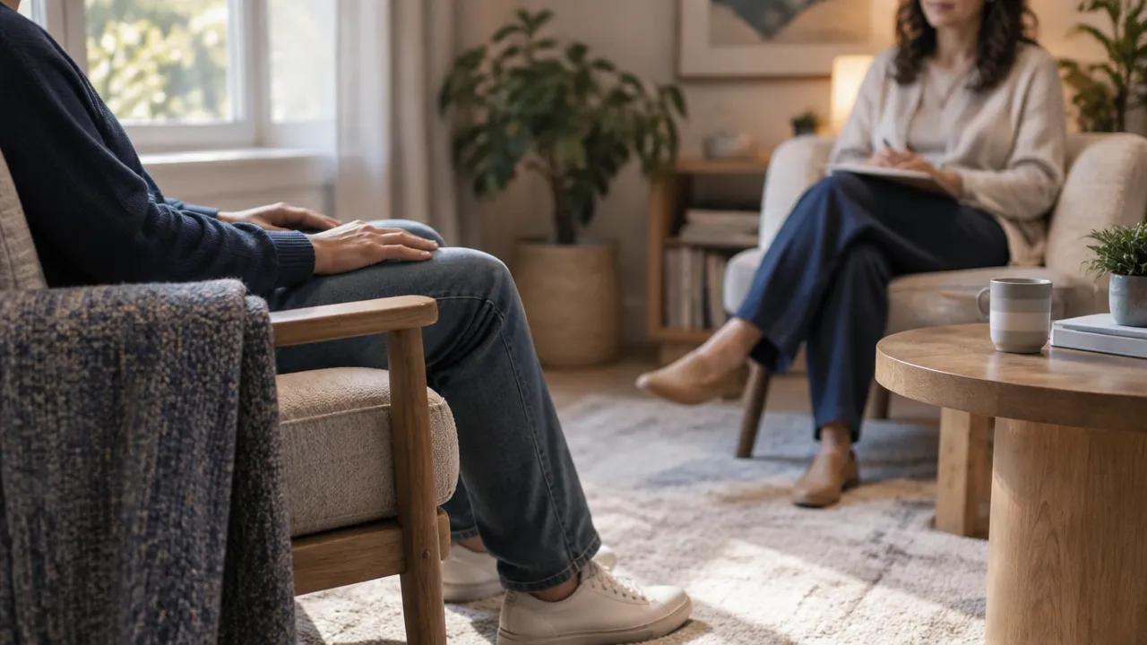 A therapy client seated with feet supported while gently noticing physical sensations