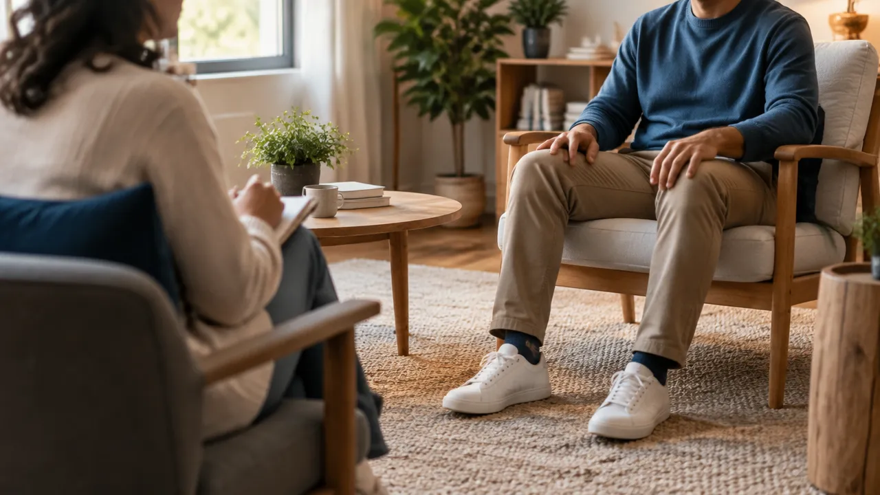 A therapy client grounding through steady contact between their feet and the floor