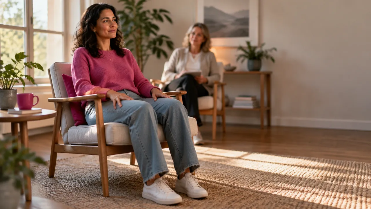 A therapy client grounds attention by feeling their feet on the floor in a calm office
