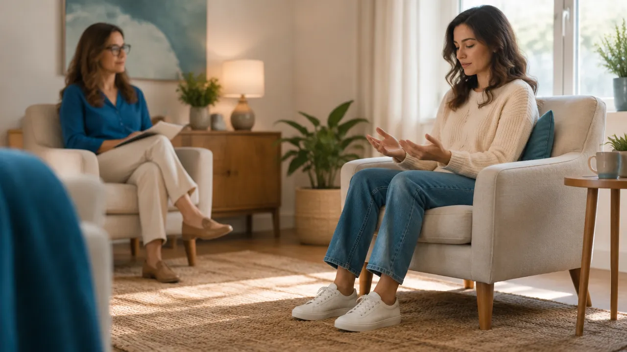 A therapy client notices physical sensations while grounding their feet in the room