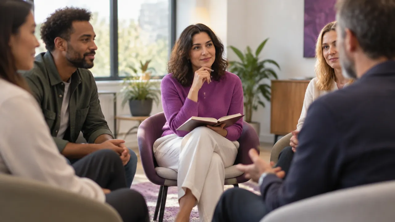 A thoughtful adult in a diverse group meeting, connected to others while retaining a distinct sense of self.