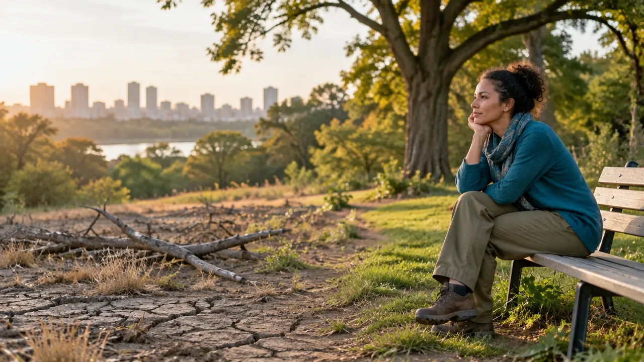 A thoughtful person sits in a park, reflecting on environmental change and emotional well-being.