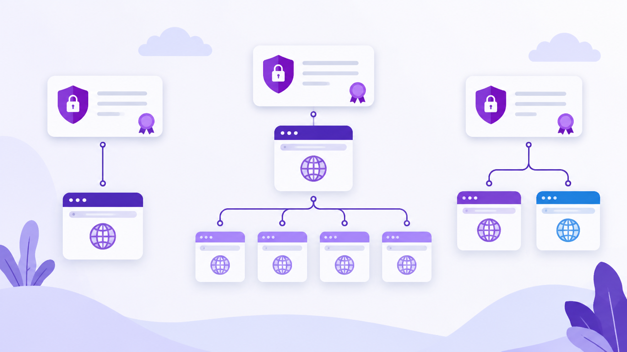 A visual comparison of a certificate covering one domain, multiple subdomains, and several domains.