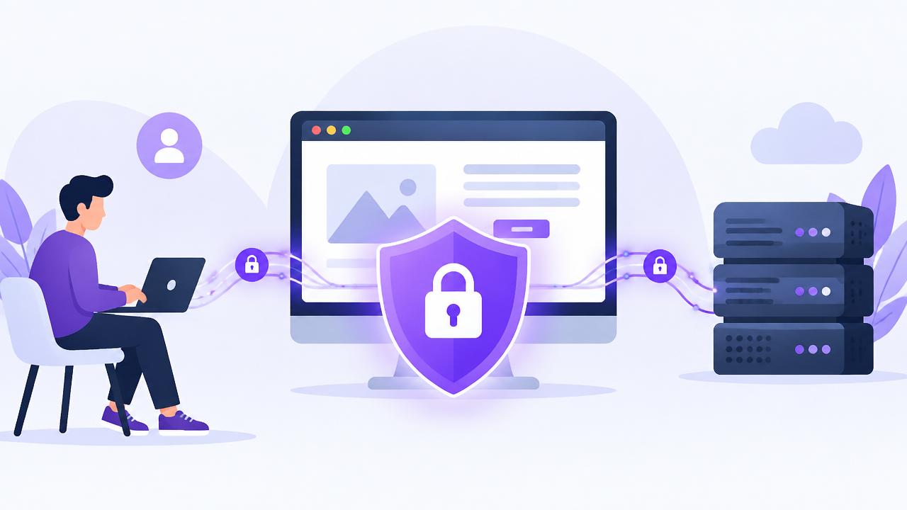 A website browser connected securely to a server behind a shield and padlock, illustrating HTTPS certificates.