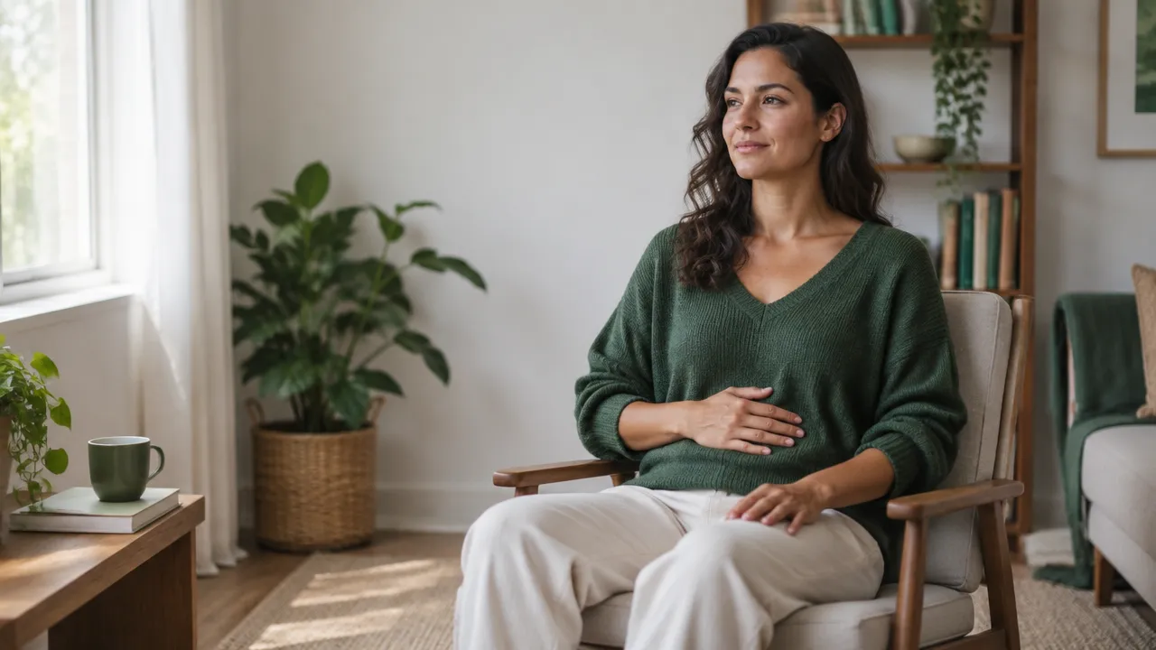 A woman calmly grounding herself with gentle breathing in a softly lit room