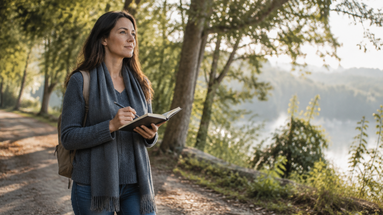 A woman reflects during a quiet walk before deciding how to respond to an inner conflict