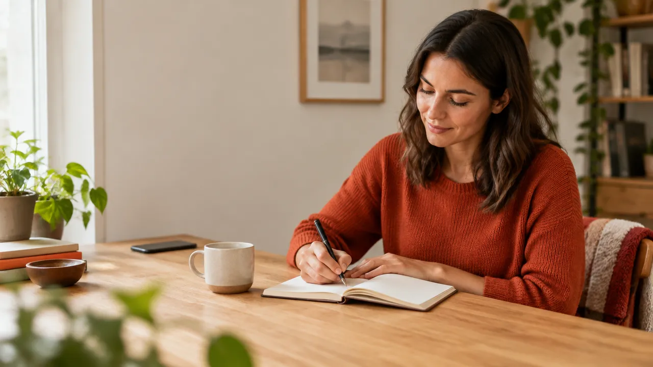A woman sets her phone aside before beginning a quiet journaling habit at her desk.