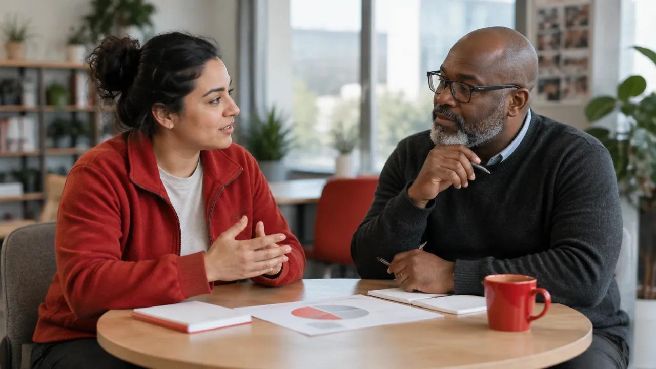 A worker and community partner review social impact outcomes through a candid conversation