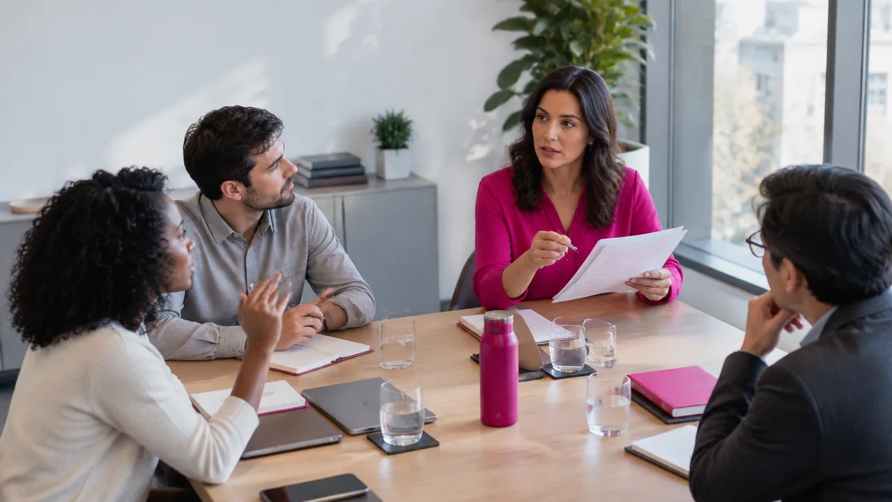 A workplace meeting where one person subtly controls the conversation while another participant's contribution goes unnoticed
