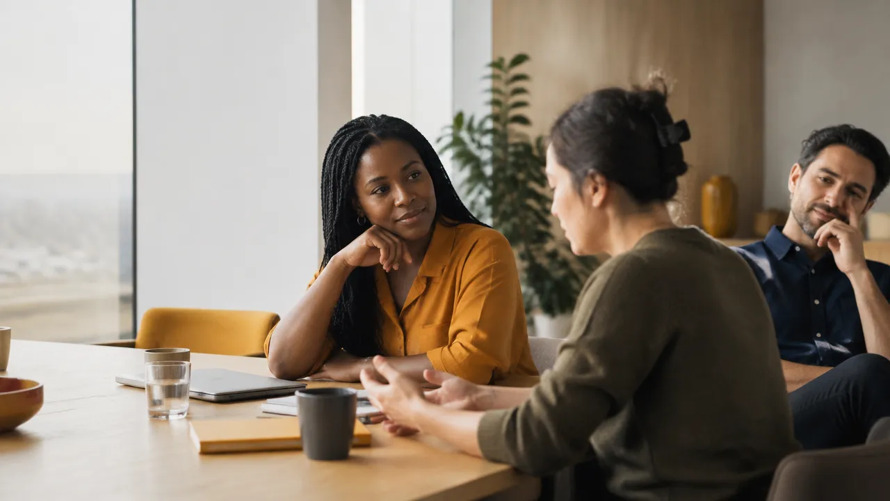 A workplace team discusses change as one colleague listens while another appears to conceal difficult emotions