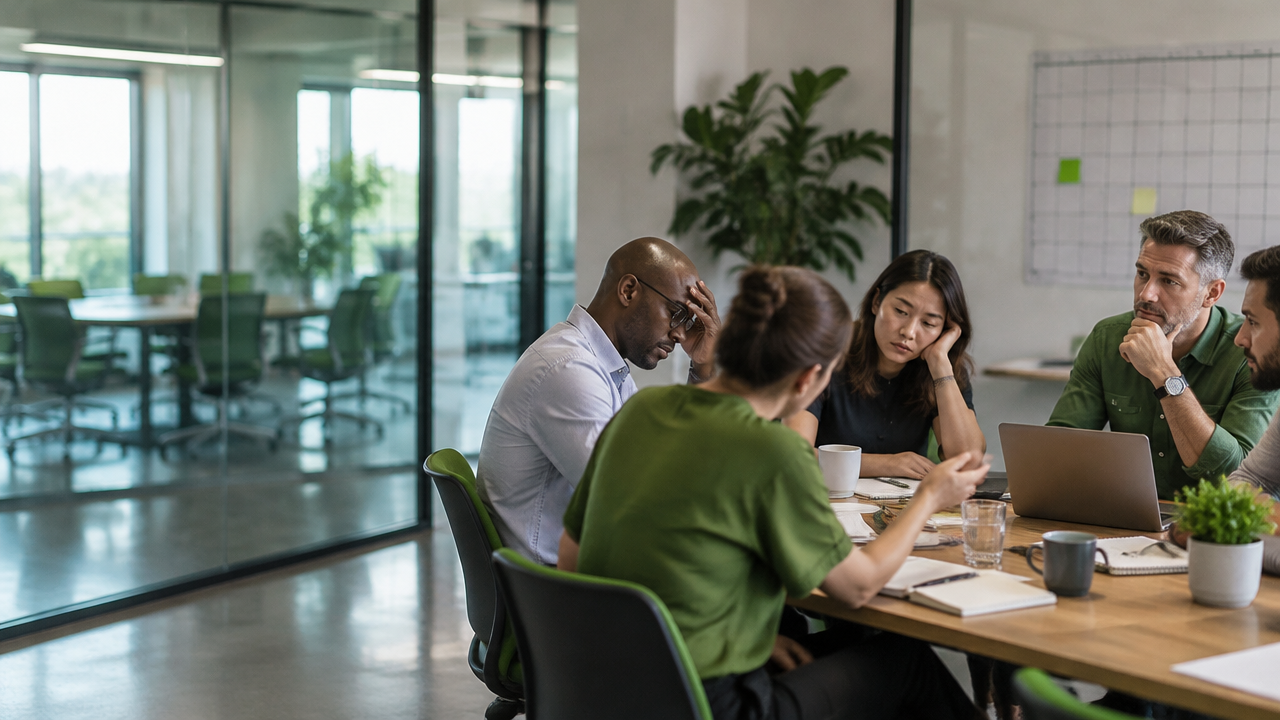 A workplace team faces another urgent meeting, illustrating a recurring organizational crisis cycle.