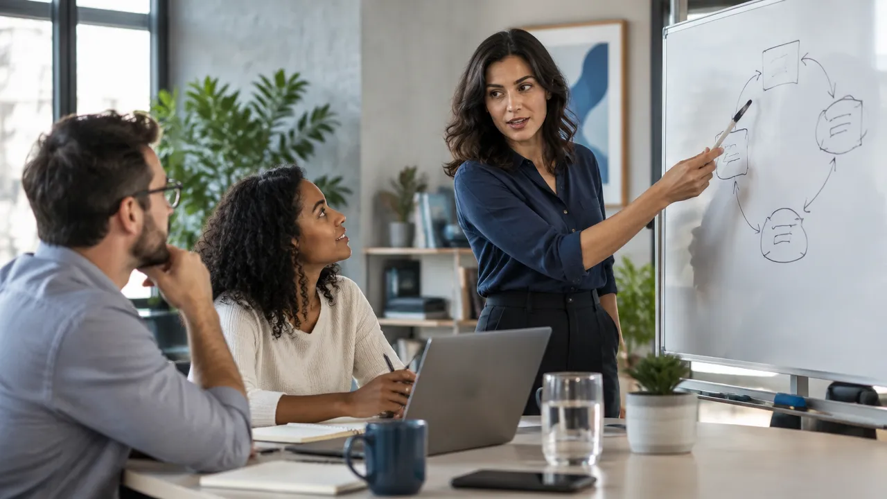 A workplace team tracing a recurring feedback loop between workload, delays, and rework
