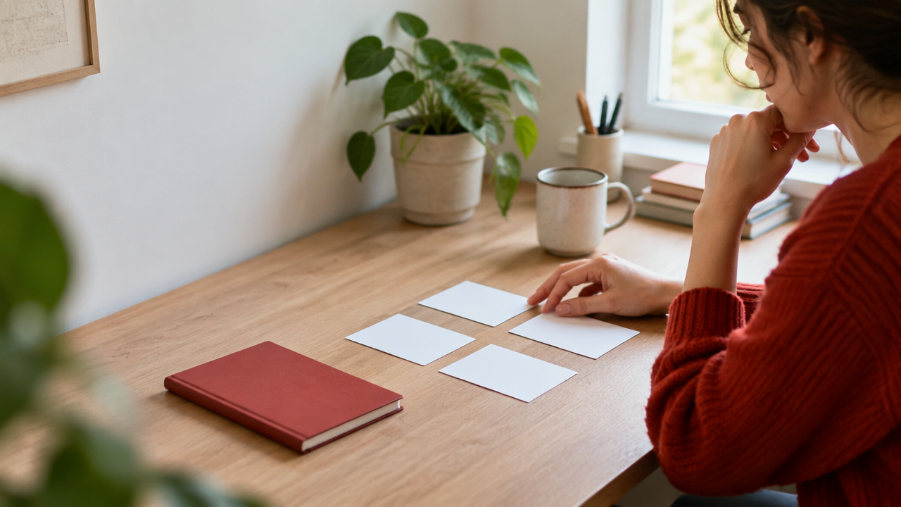 A young adult reflecting on personal choices at a desk, illustrating identity exploration.