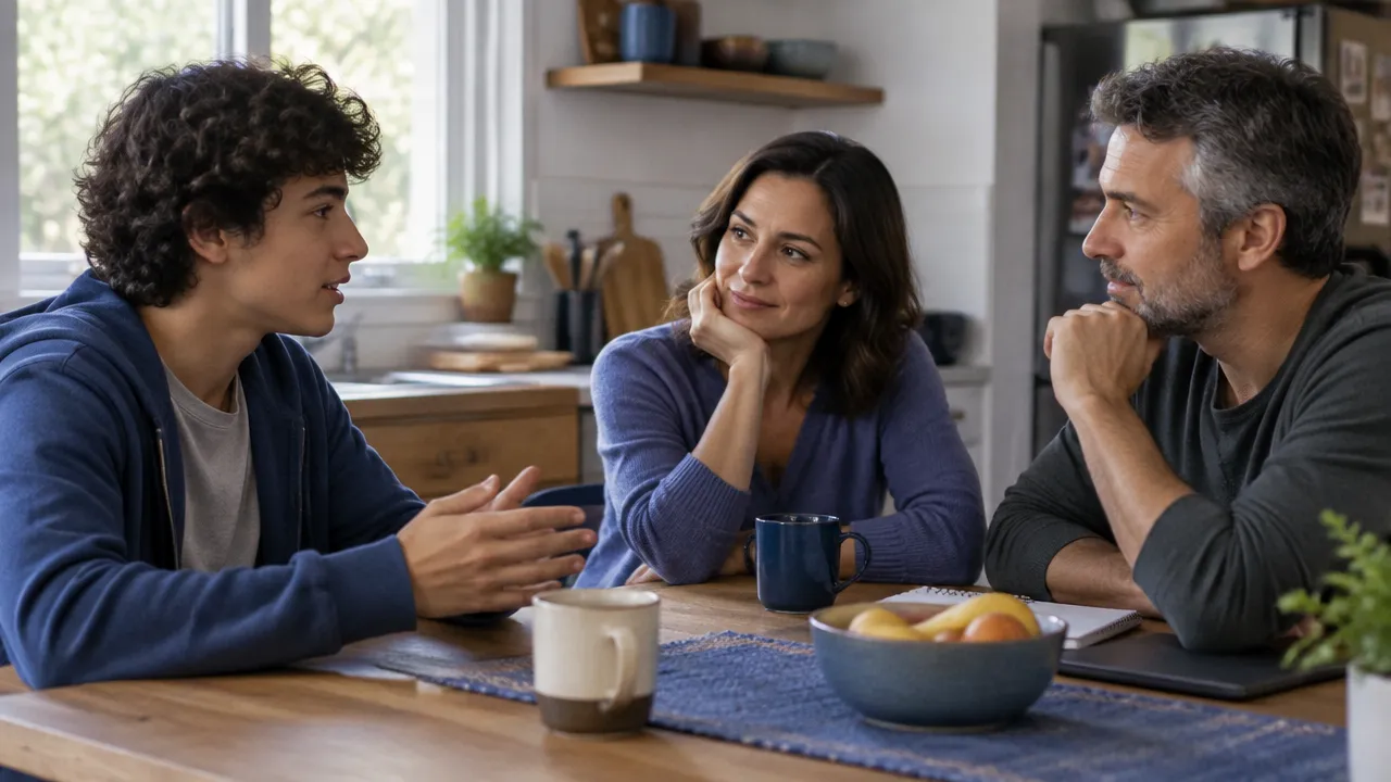 Adolescente conversa com os responsáveis à mesa, em uma negociação respeitosa sobre autonomia e limites