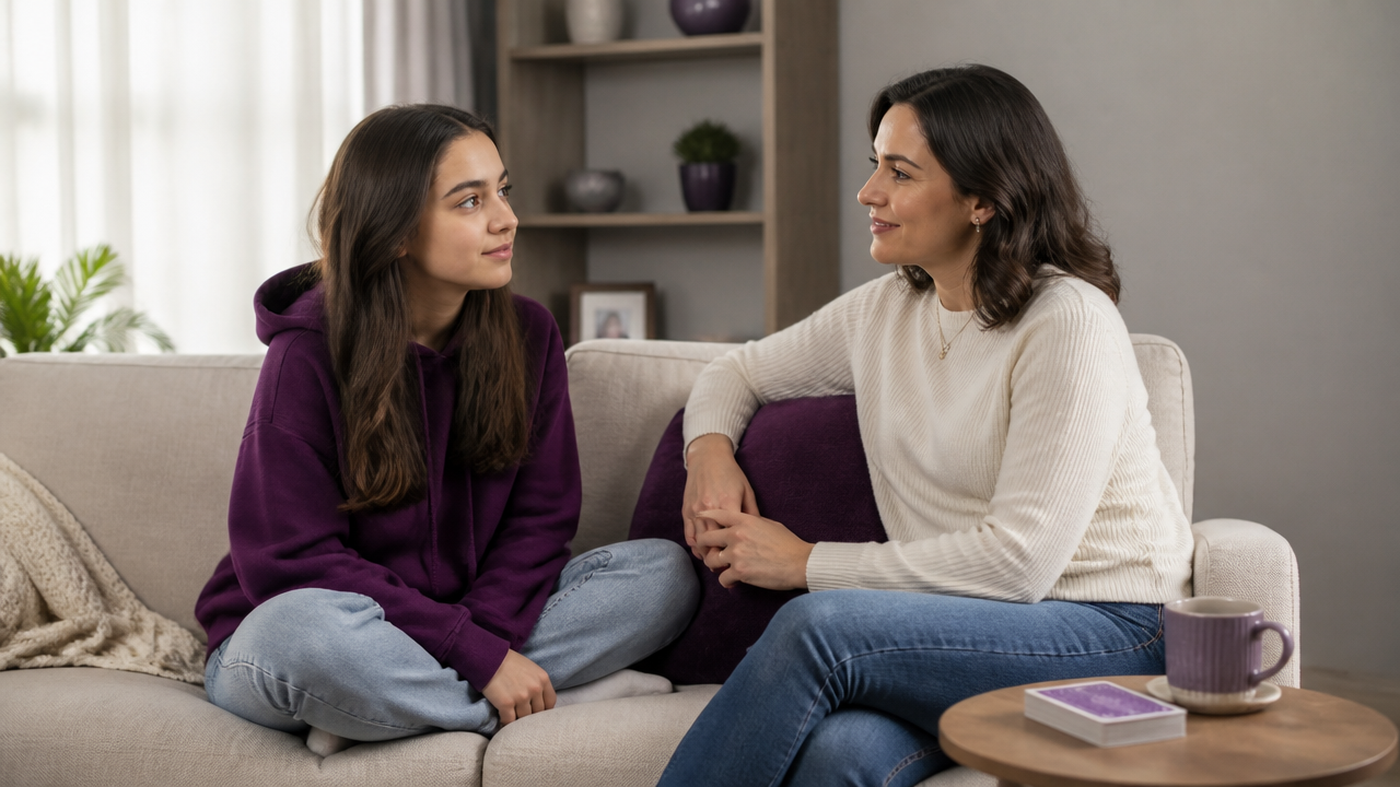 Adolescente conversando com uma adulta de confiança sobre tarot em ambiente acolhedor