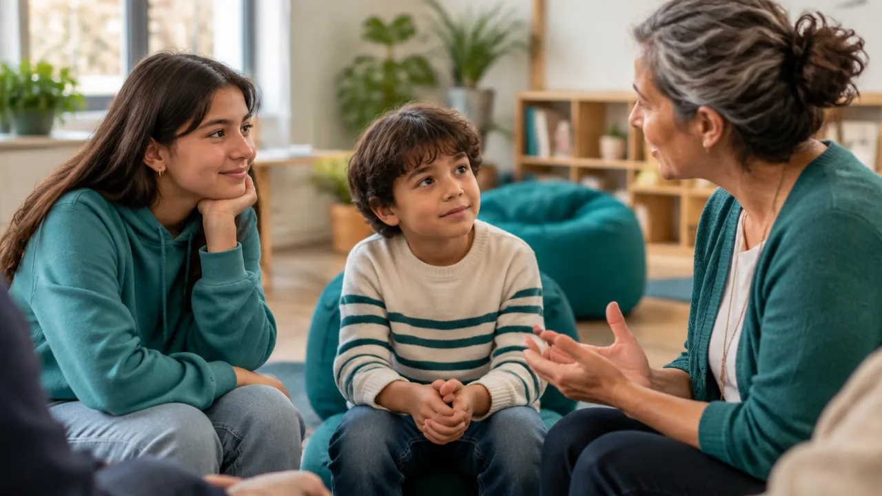 Adolescente, criança e adulta de diferentes gerações conversam com atenção e empatia