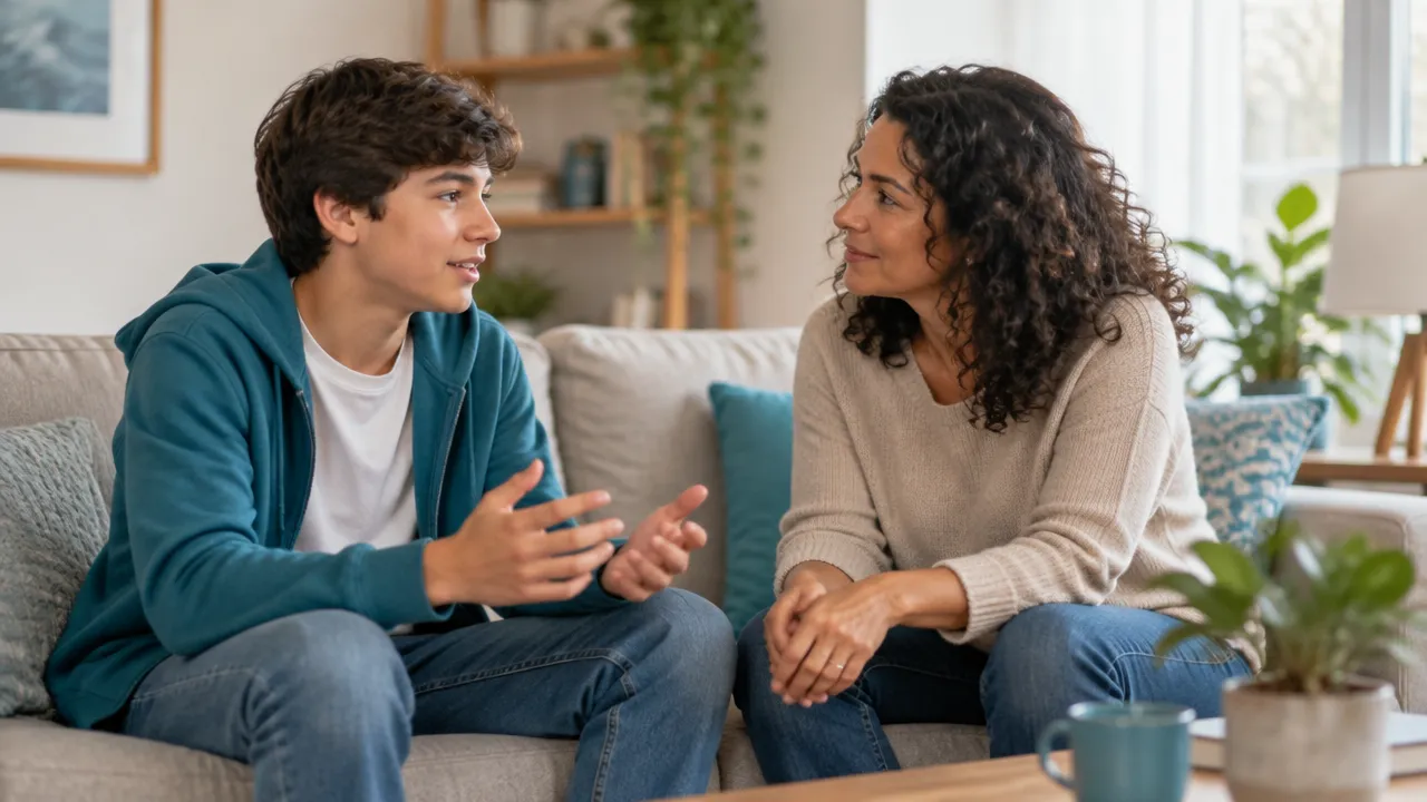 Adolescente e adulto conversando com escuta atenta e postura respeitosa em casa