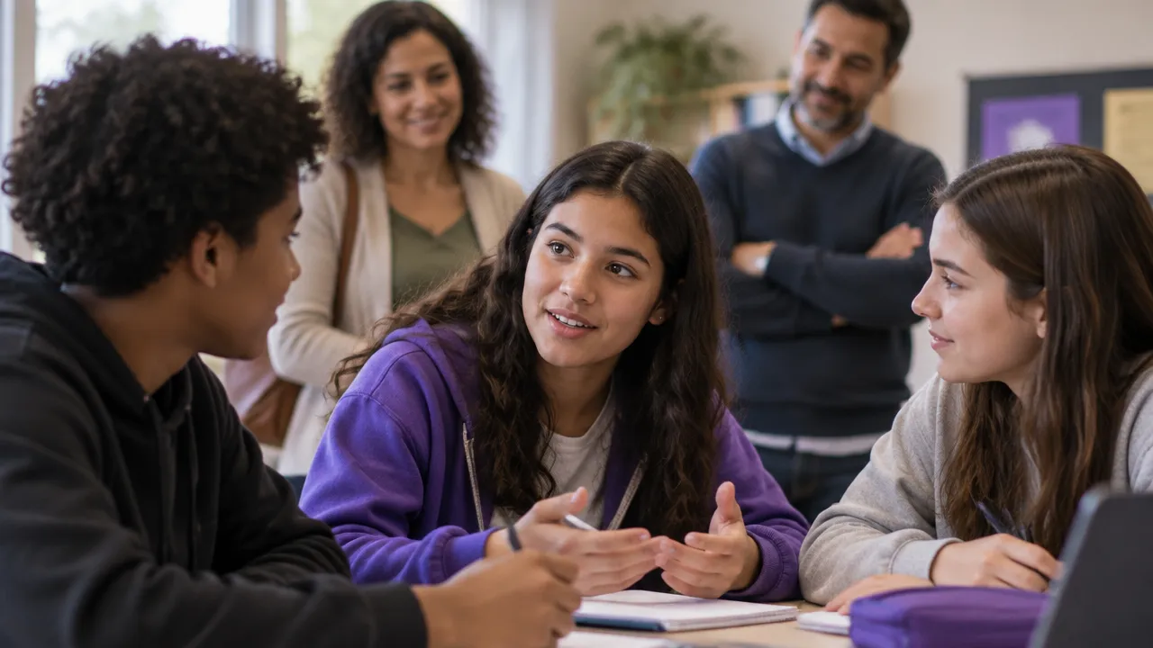 Adolescente participa de uma conversa colaborativa com colegas, expressando segurança emocional em ambiente escolar.