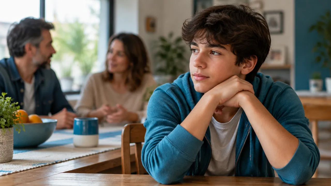 Adolescente pensativo à mesa com familiares ao fundo, representando a compreensão das relações familiares na adolescência
