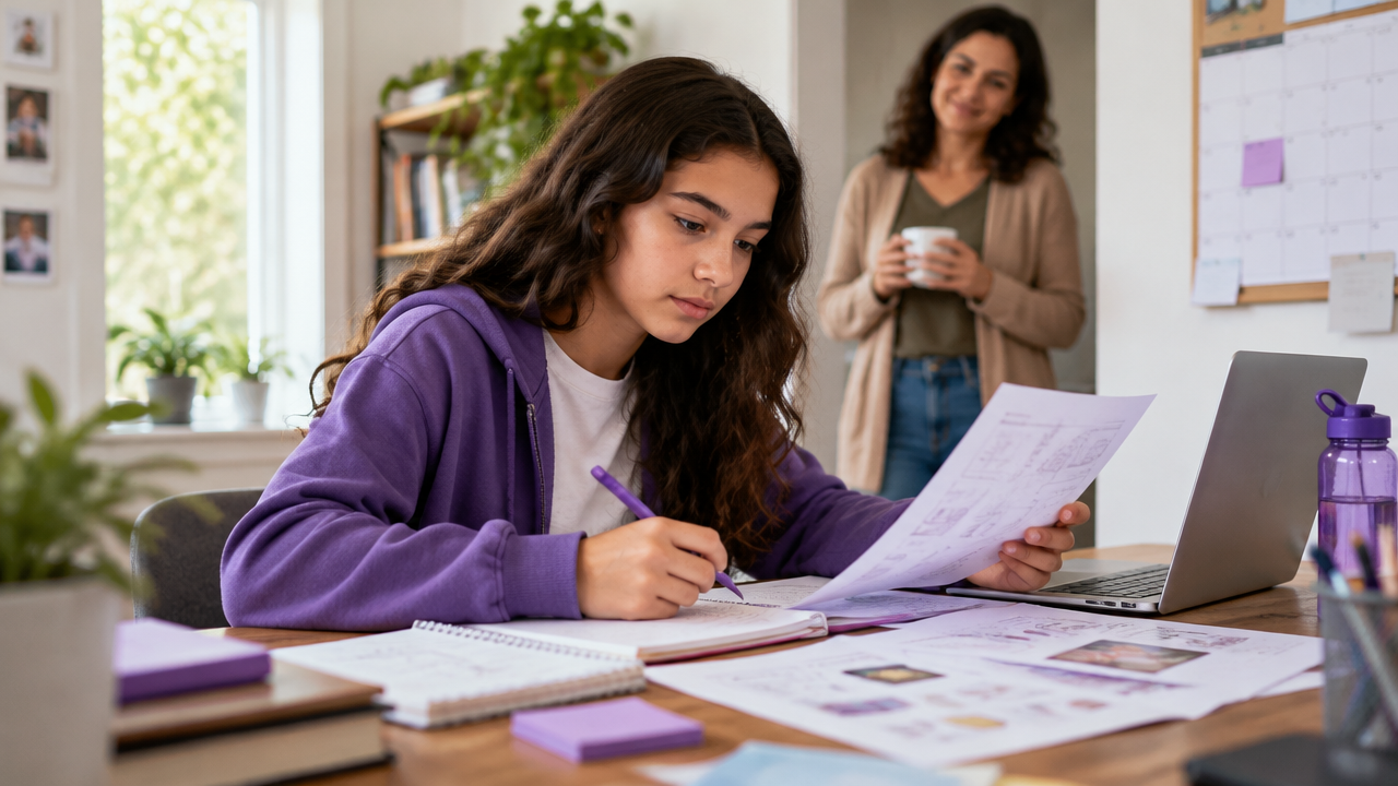 Adolescente planeja um projeto próprio enquanto um adulto oferece apoio sem assumir o controle.