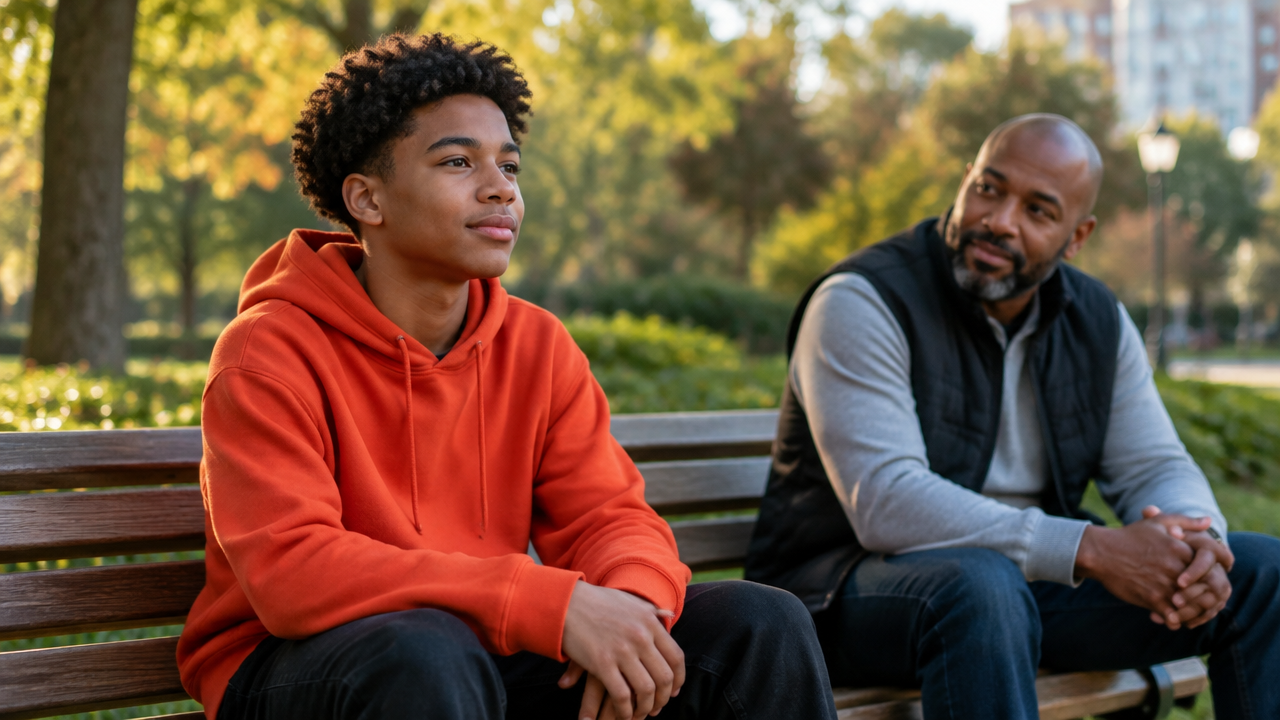 Adolescente practica una pausa de atención en un parque con un adulto acompañante cerca.