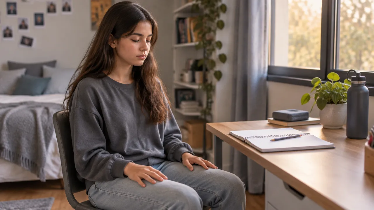 Adolescente realiza una práctica breve de respiración consciente sentada en su habitación